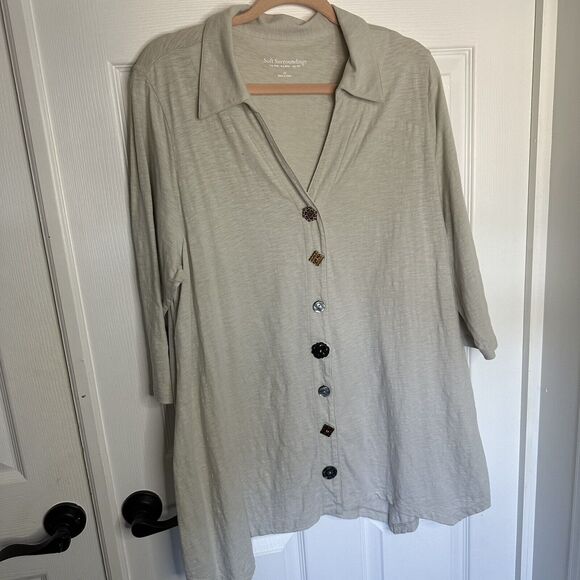 Soft Surroundings Tunic cotton knit Beige Oat top different unique buttons 1X - Picture 1 of 9